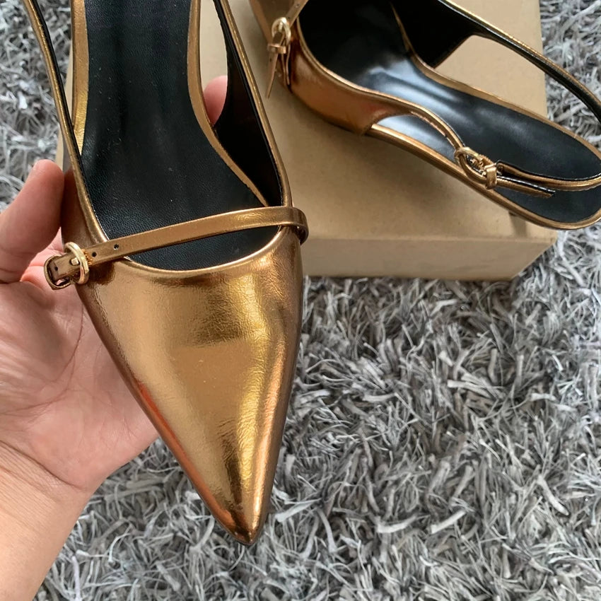 Pointed Toe Buckle Strap Ladies Sandals Gold Shallow Fashion Sexy Party Slingbacks 2025 Summer High Heeled Shoes Woman