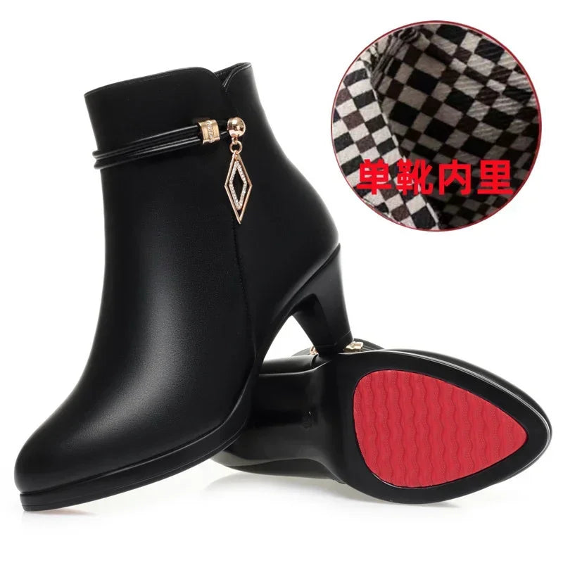 Comfort Fashion Soft Leather Winter Shoes Platform Boots 2024 Elegant Black Block High Heels Ankle Office Mom Boots
