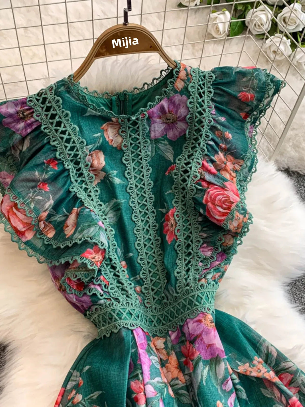 Ele Lace Splice Waist Cinching Long Dr Korean Sle Print Blouse Svel Midi Skirt High Waist A-Line Silhouette