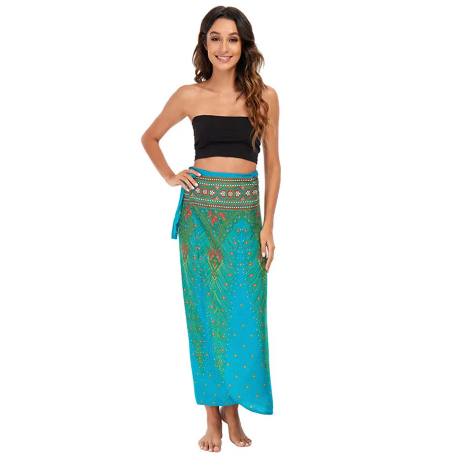 Women’s Boho Maxi Wrap Long Skirt Tie Up Beach Cover Up Dress Vintage Bohemian Adjustable High Waisted Holiday Rayon Dress