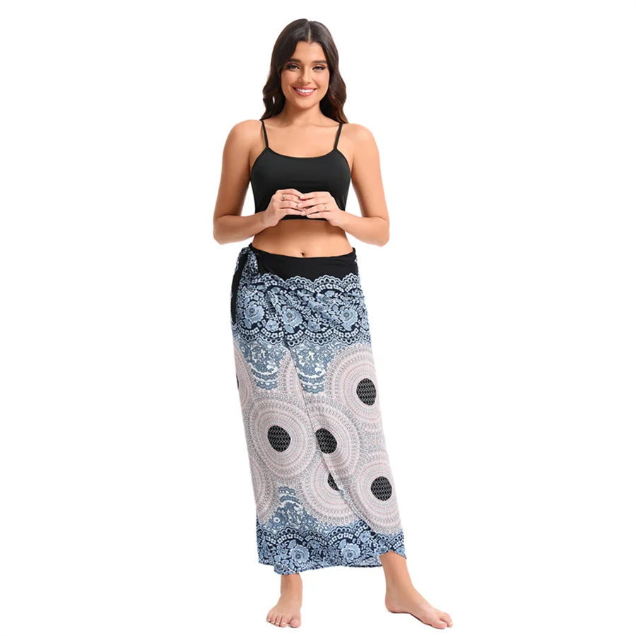 Women’s Boho Maxi Wrap Long Skirt Tie Up Beach Cover Up Dress Vintage Bohemian Adjustable High Waisted Holiday Rayon Dress