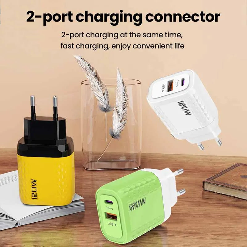 120W Charger USB C Fast Charger For iPhone Xiaomi Samsung Oneplus Phone Adapter 2 Ports QC3.0 Fast Charging PD Charger Adapter