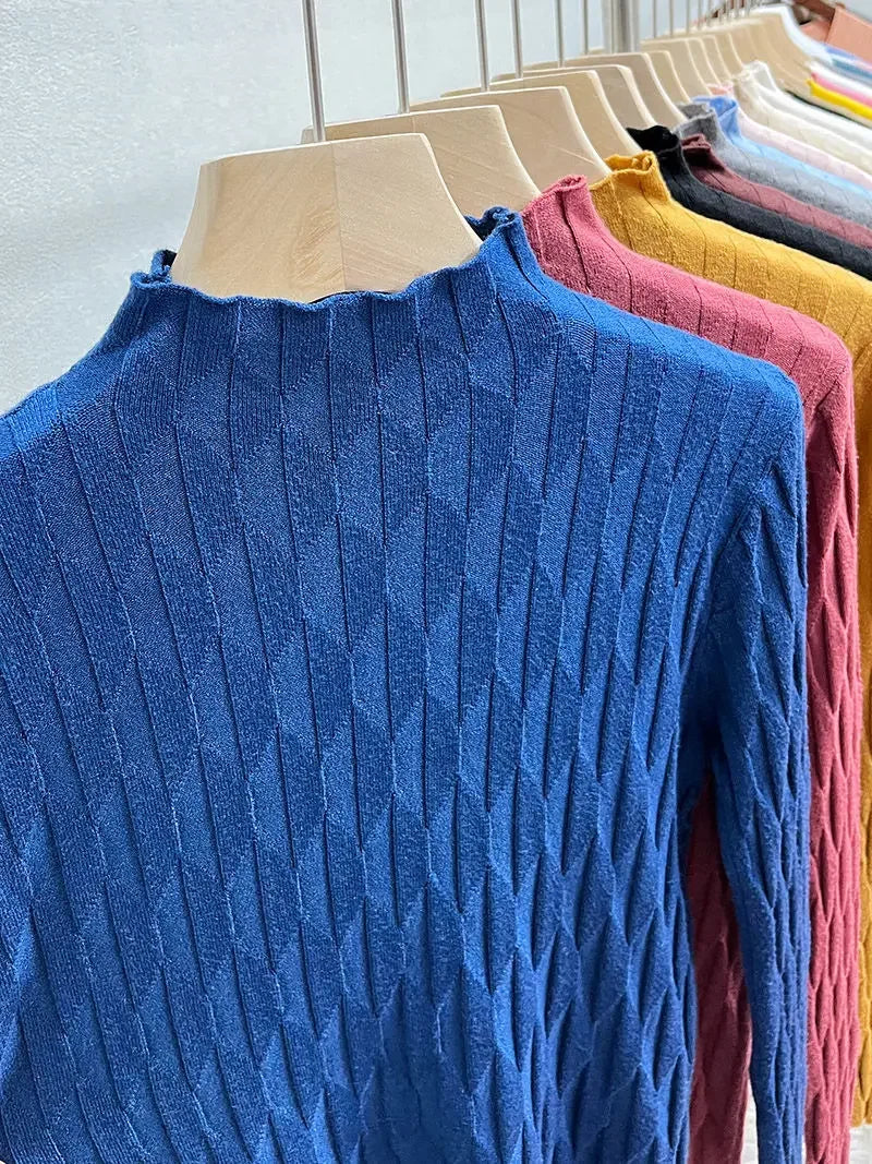 2025 Slim Fit Knitted Base Pullovers Autumn Winter Turtleneck Sweater Women's Solid Long Sleeve Casual Ruched Sweater