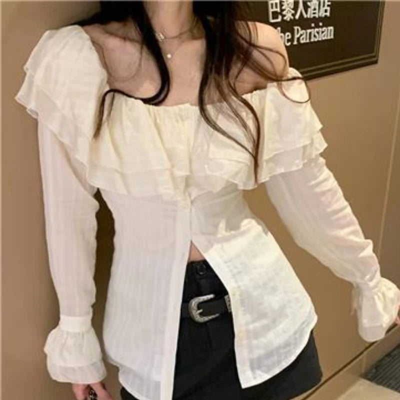 Ruffles Shirts Women Flare Sleeve Simple Fashion Slash Neck Ulzzang Solid Spring All-match Slim Casual Streetwear Cozy Female