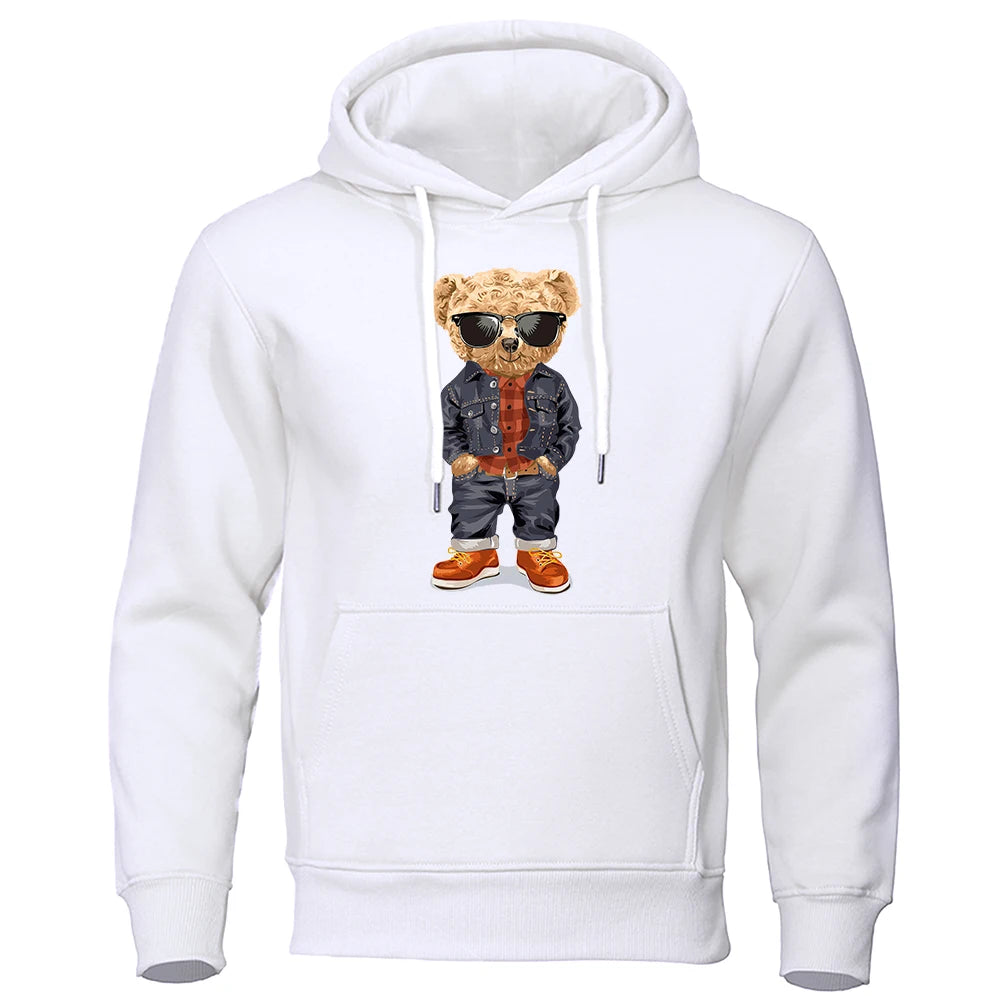 Funny Pose Teddy Bear Prints Men Hoodie Loose Pocket Hoody Autumn Oversize Sweatshirt Fashion Casual Fleece Pullover Unisex