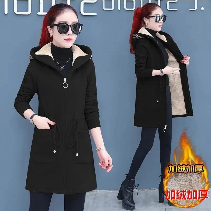 Plus Velvet Thick Lamb Plush Jacket Women 2025 New Autumn Winter Parkas Lace-Up Of Hooded Loose Long Embroid Trench Coat Female