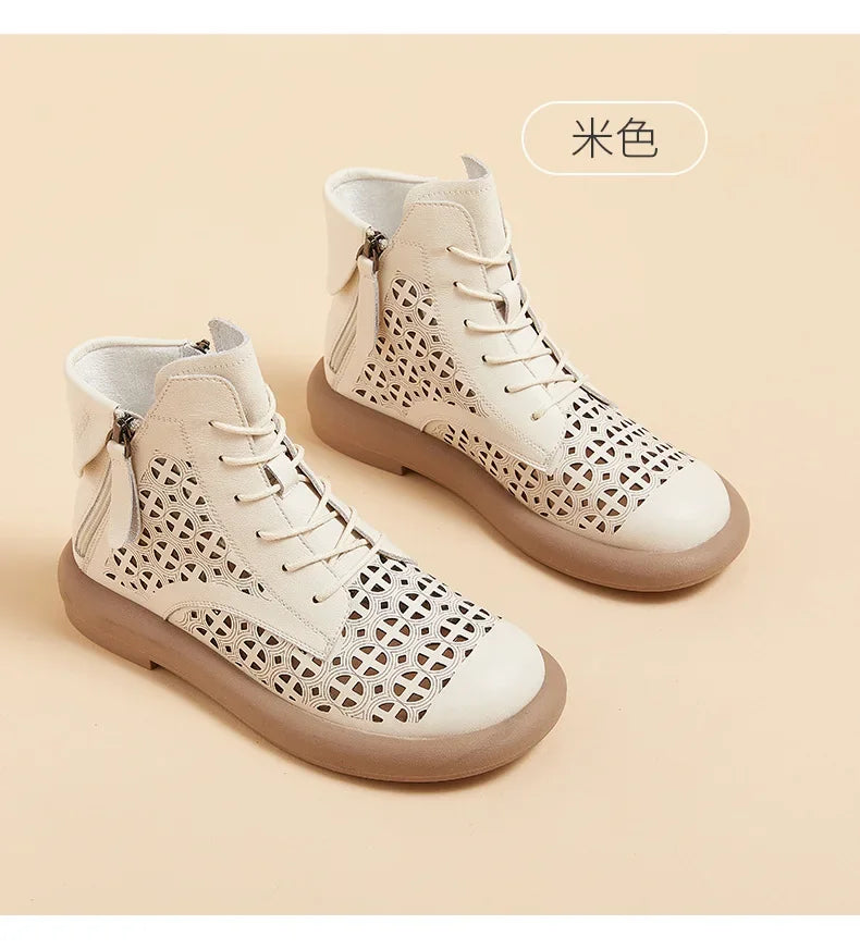 Leather Boots Woman 2025 Retro Leather Hollow Boots for Women Platform-soled Double-side Zipper Casual Short Boots Women's Shoes