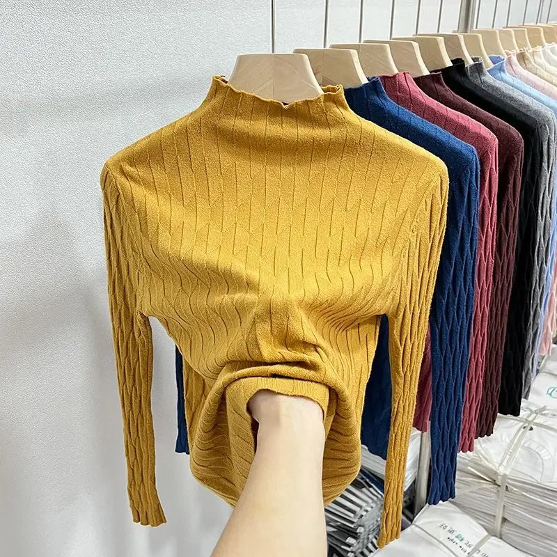 2025 Slim Fit Knitted Base Pullovers Autumn Winter Turtleneck Sweater Women's Solid Long Sleeve Casual Ruched Sweater
