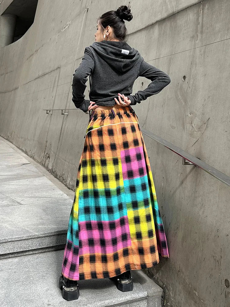 [EAM] High Elastic Waist Blue Back Plaid Denim Long A-line Half-body Skirt Women Fashion Tide New Spring Autumn 2025 1DH8117