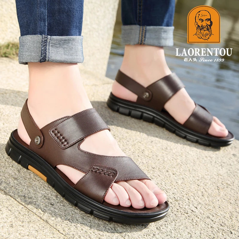 Laorentou Genuine Leather Summer Casual Beach Shoes, Cowhide Soft Soles, Anti Slip, Dual-Purpose Sandals for External Wear2050606