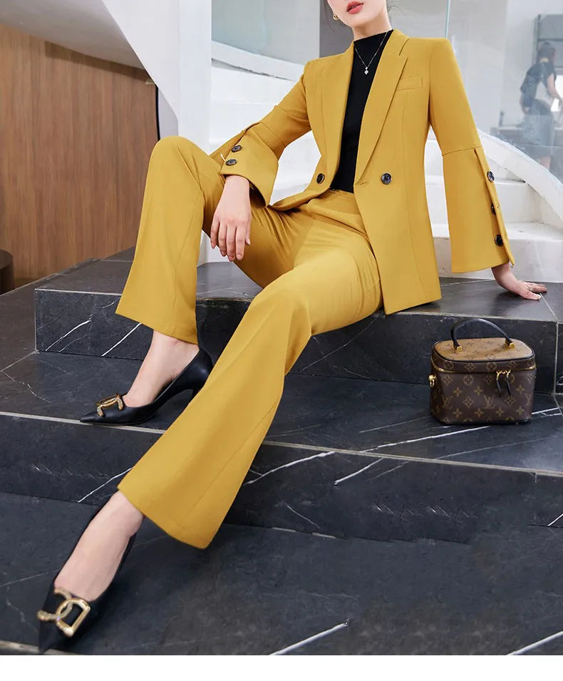 Yitimuceng Slim Blazers for Women 2024 Office Ladies New Fashion Long Sleeve Coats Solid Lapel Double Breasted Pant Suits