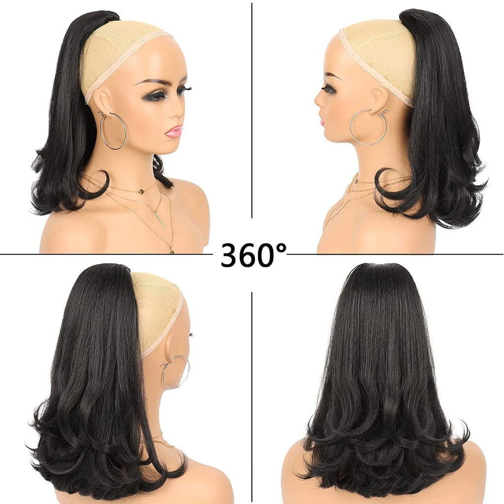 Synthetic Tail Warping 16"  Kinky Straight Hairpiece Drawstring Ponytail Hair Extension Natural Black Women Girl Daily Party Use