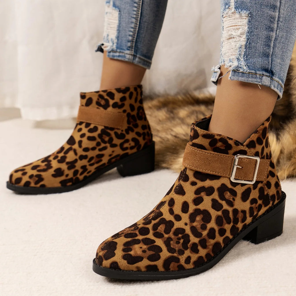 2024 New Ankle Boots Women High Heels Women Shoes Track Design Leopard Print Shoes for Women Thick Pointed Fashion Western Boots