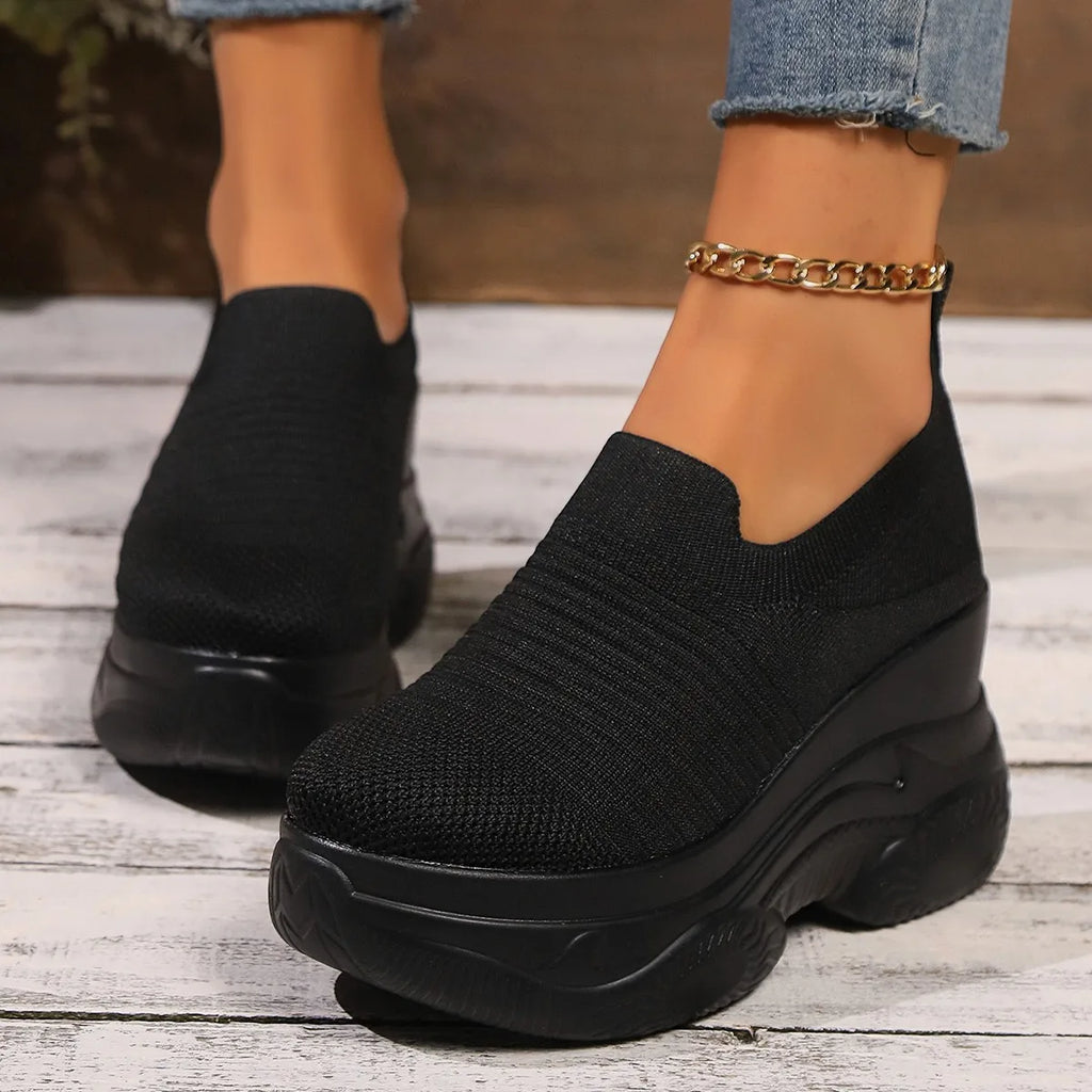 Heightening Thick Sole Fashionable Ladies Shoes 2025 Autumn New Black Mesh Breathable Casual Slip-on Women's Vulcanized Shoes