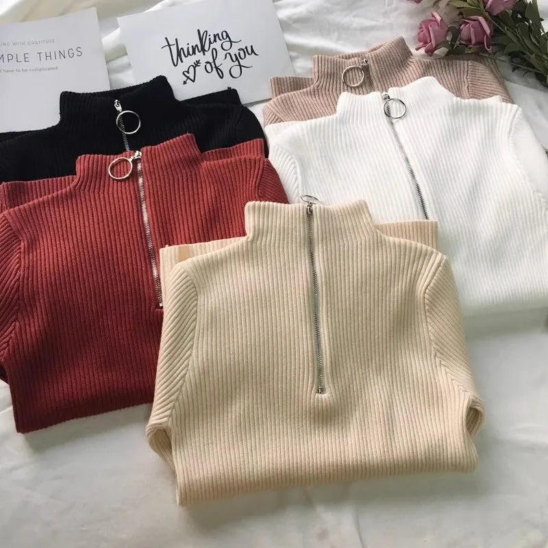 Autumn Winter Turtleneck Women Sweater Long Sleeve Zipper Neckline Knitted Pullover Female Sweater Slim Basic Knitted Jumpers