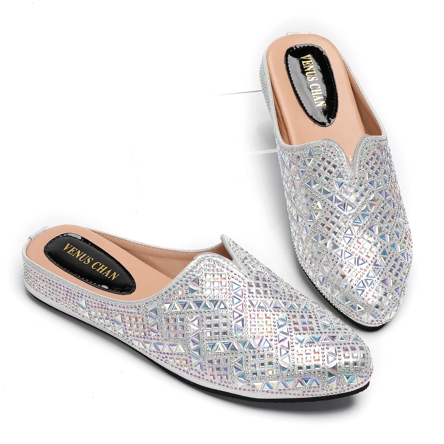 2025 Latest Design Nigeria Silver Color Half Shoes Elegant Flat Shoes for Woman Fashion Comfortable Party Slippers