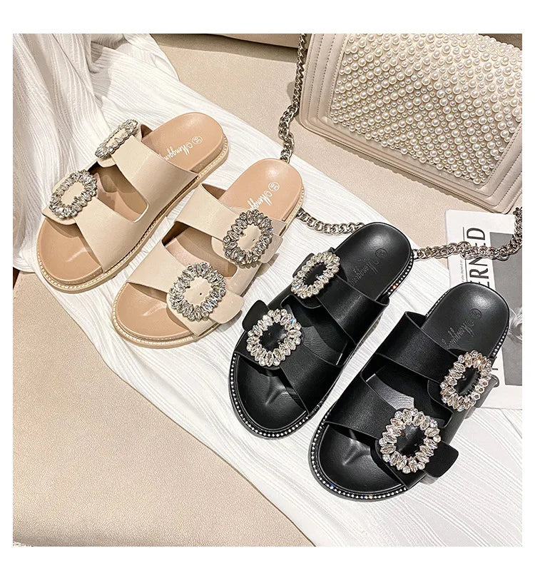 2025 Brand Rhinestone Buckle Sandals Women Double Band Slippers Crystal Shoes Ladies Casual Slides Slip On Flat Heels Flip Flops