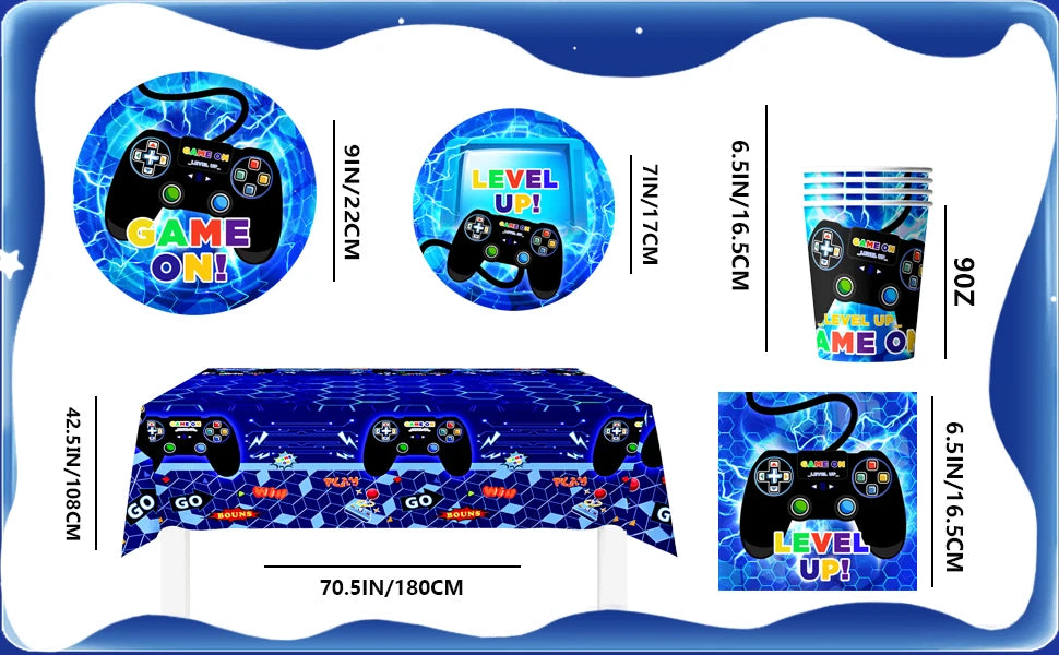 Gamer Birthday Decorations Blue, 65pcs Gaming Party Tableware Set - Game Themed Party Plate Cups Napkins Tablecloth etc