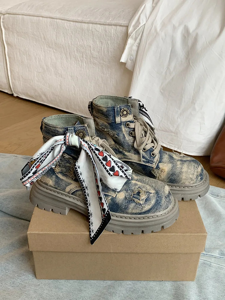 Women's Boots  New Thick Sole Breathable Ribbon Strap Short Boots Anti Slip Lace-up Height Increasing Fashion Boots