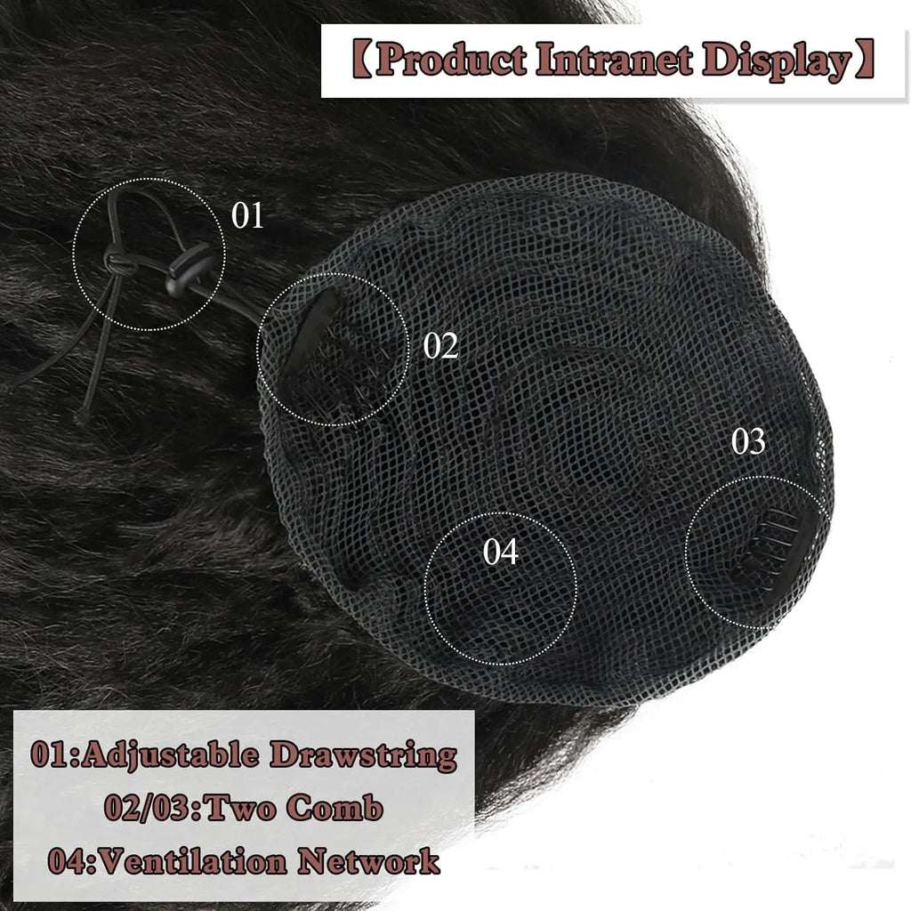 Synthetic Tail Warping 16"  Kinky Straight Hairpiece Drawstring Ponytail Hair Extension Natural Black Women Girl Daily Party Use