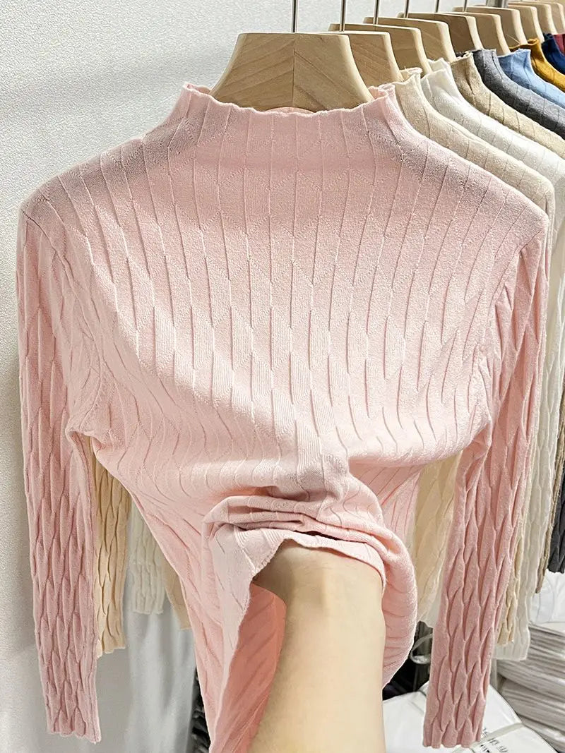2025 Slim Fit Knitted Base Pullovers Autumn Winter Turtleneck Sweater Women's Solid Long Sleeve Casual Ruched Sweater