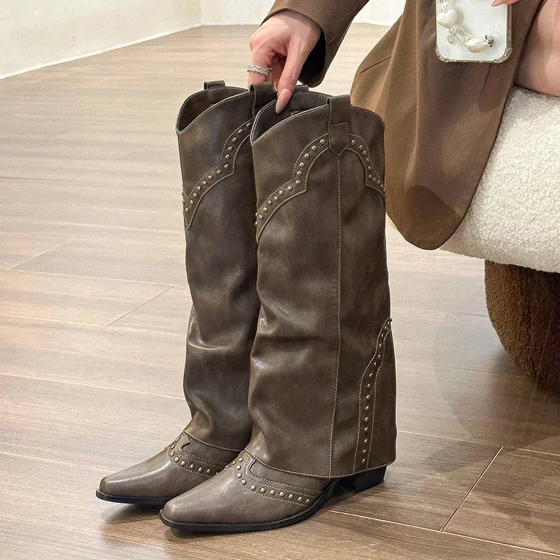Woman Cowgirl Boots Fashion Slip on Ladies Elegant Square Heel Long Pipe Botas Shoes Retro Women's Spring Autumn Boot Footwear