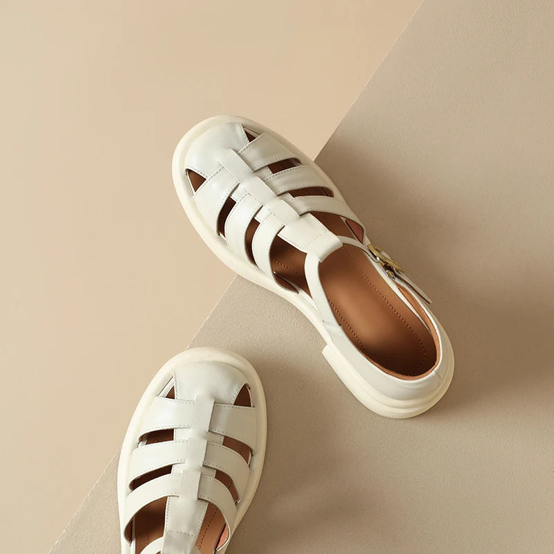 New Summer Sandals Genuine Leather Luxury Roman Sandals Casual Buckle Strap Summer Shoes GLADIATOR Thick Heel Women Shoes