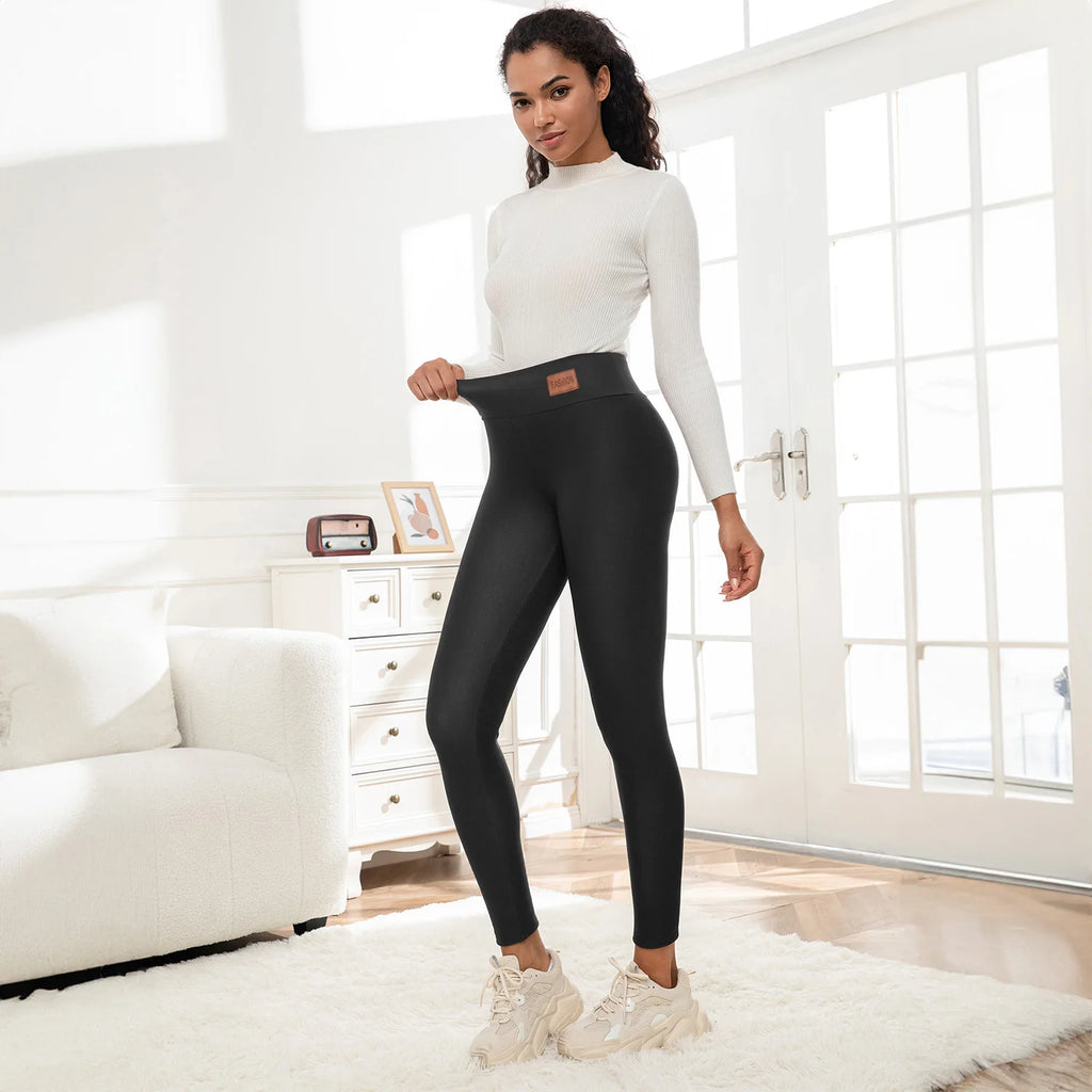 Women Leatherlabel Fleece High Waist Leggings Super Warm Winter Skinny Stretch Prevent Cold Leggings Casual Slim Pants