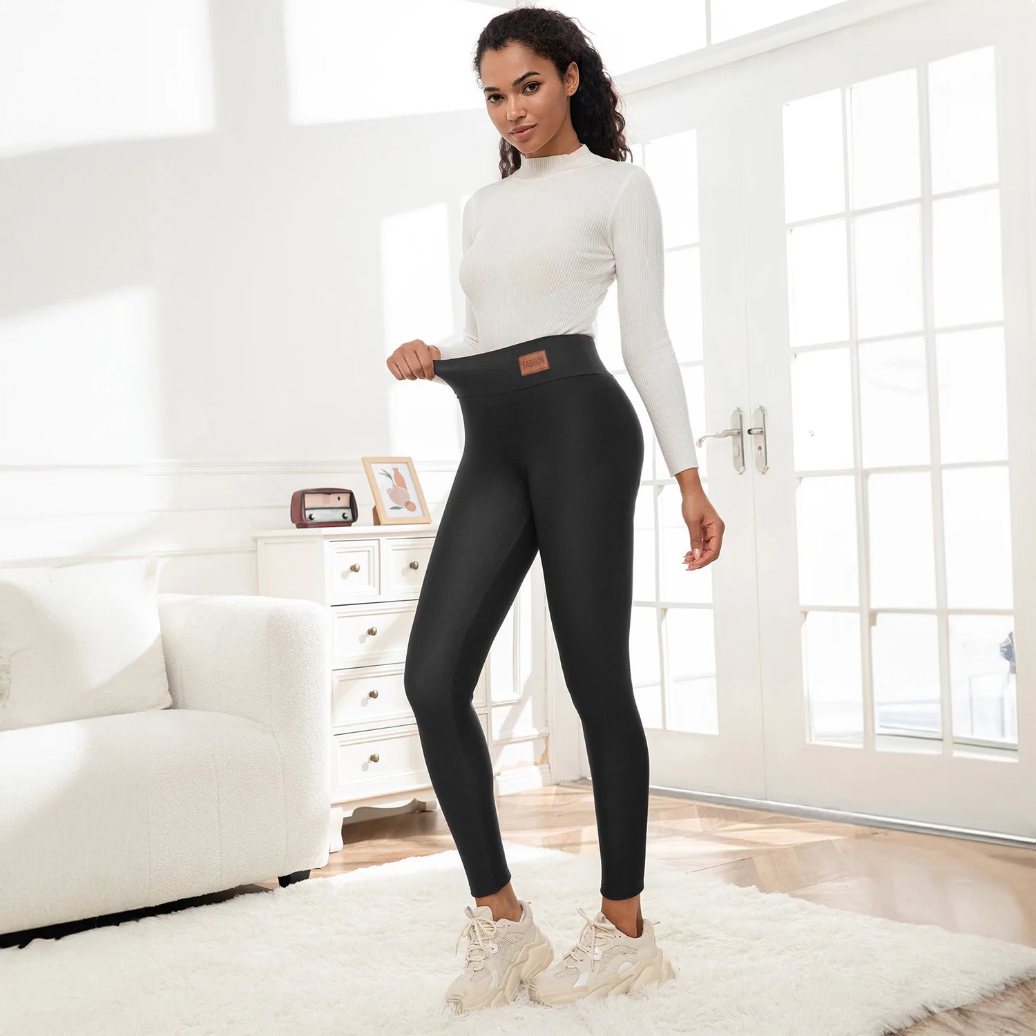 Women Leatherlabel Fleece High Waist Leggings Super Warm Winter Skinny Stretch Prevent Cold Leggings Casual Slim Pants