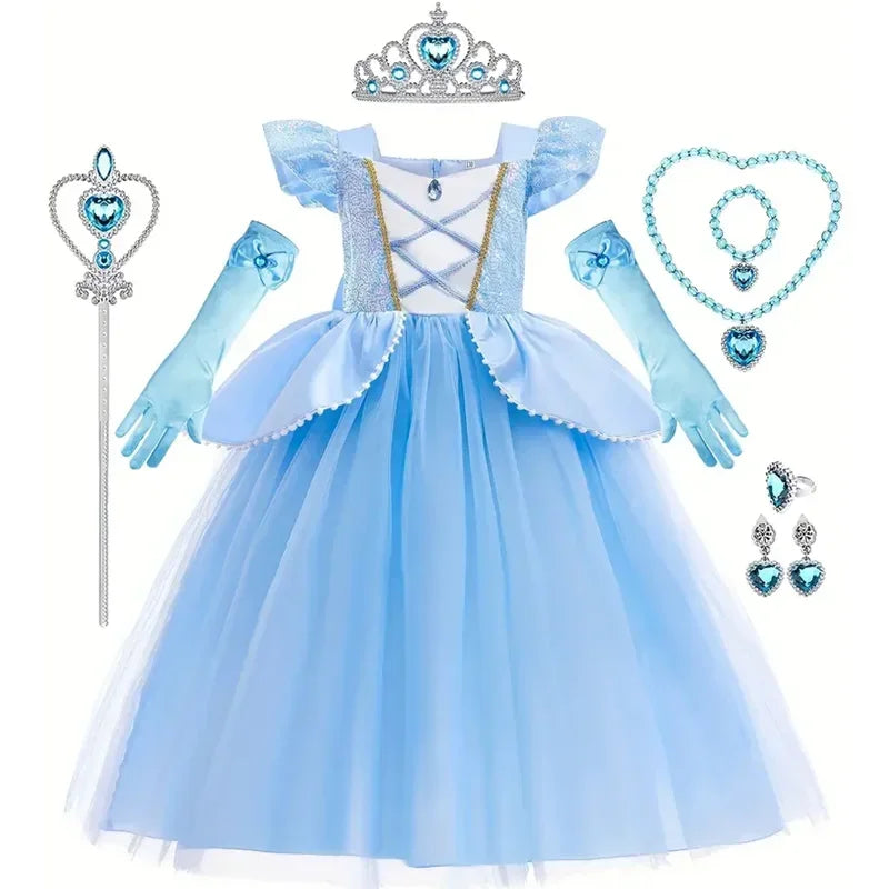Cinderella Princess Costumes for Girls Halloween Disguise Carnival Cosplay Costume Kids Sequin Fluffy Mesh Evening Party Dresses