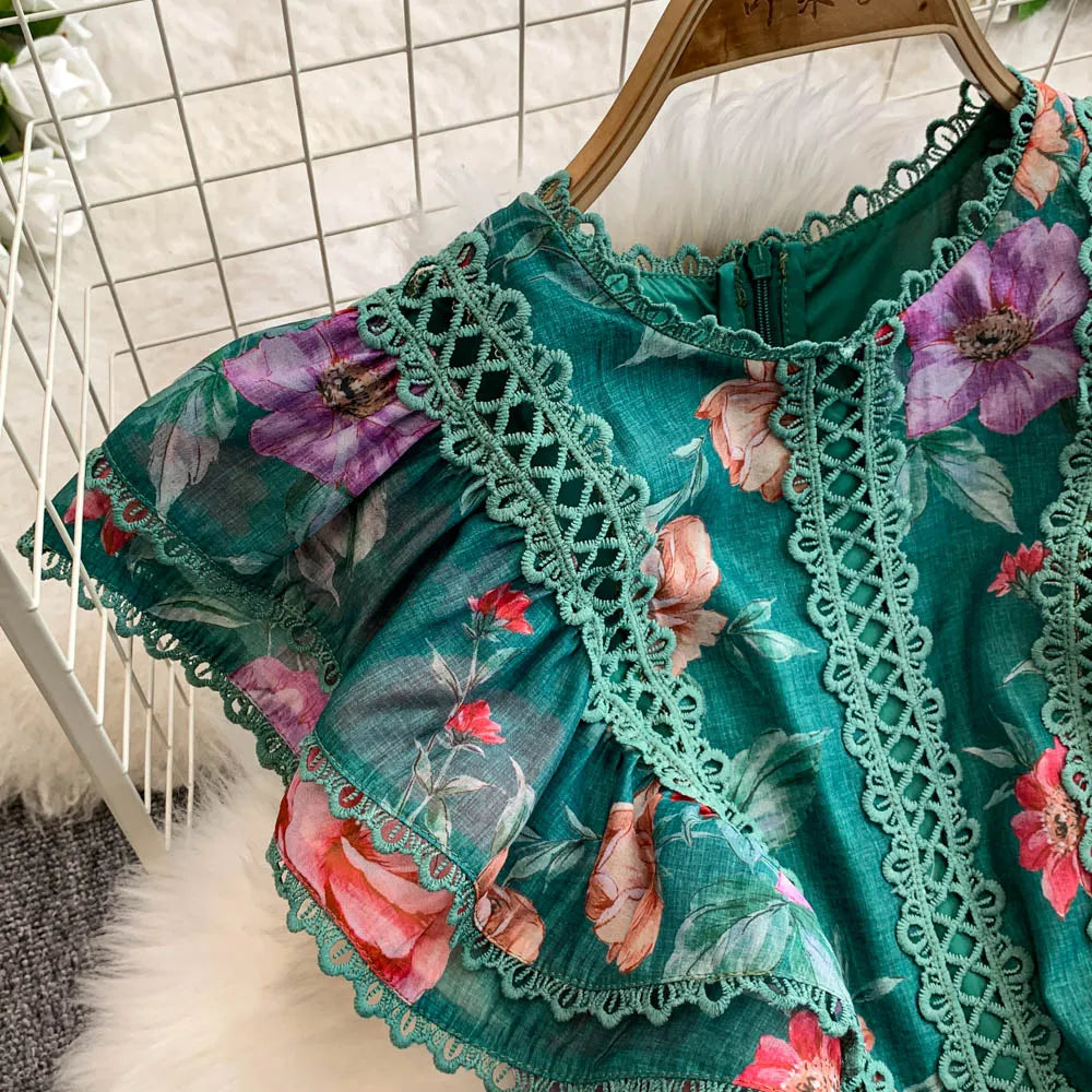 Ele Lace Splice Waist Cinching Long Dr Korean Sle Print Blouse Svel Midi Skirt High Waist A-Line Silhouette