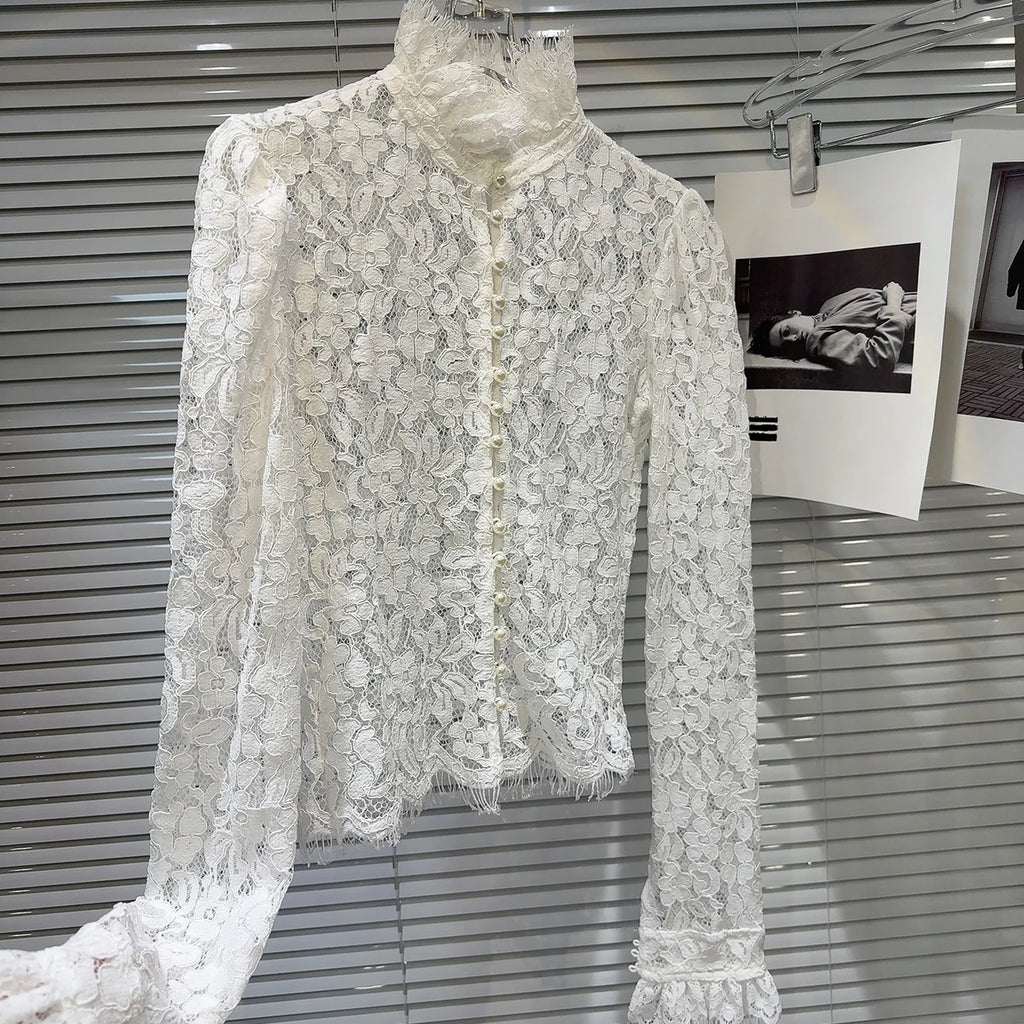 KTCZ Solid Spliced Lace Hollow Out Blouse For Women Long Sleeve Single Breasted Patchwork Print Minimalist Chic Blouse Female