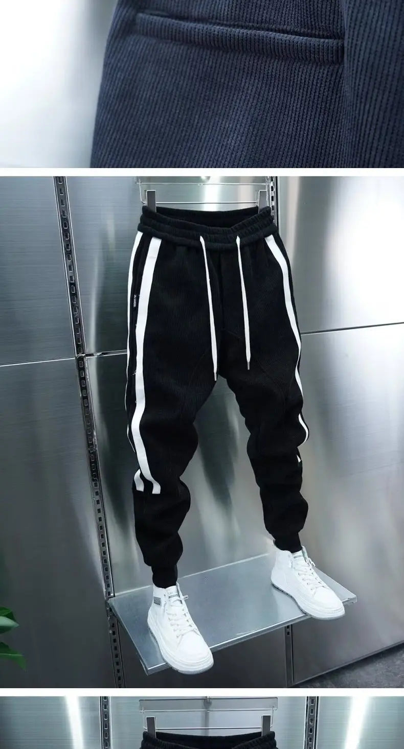 Fashion 2024 Autumn Winter New Black Jogger Men's Corduroy Pants Korean Elastic Waist Casual Pants Jogging Striped Harem Pants