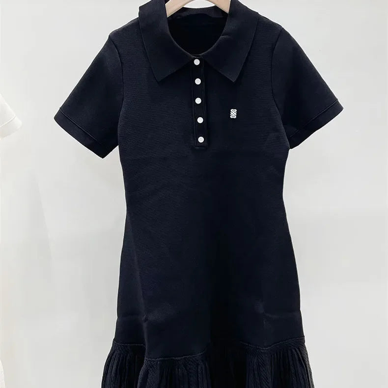 White or Black Women A-Line Knit Dress Slim Short Sleeve Front Letter Female Pleated Mini Robe 2025 New