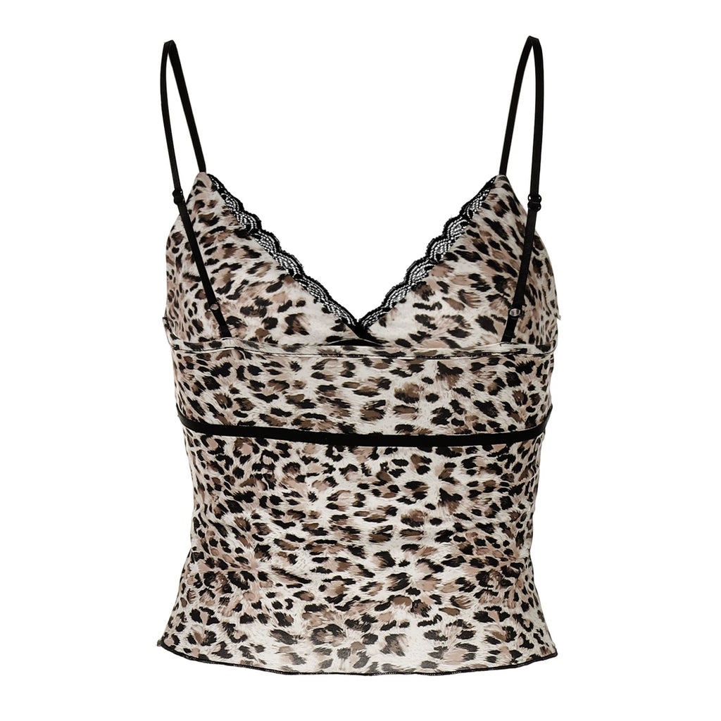 Hugcitar Leopard Print V Neck Sexy Slips Tie Bow Backless Crop Camis Top Summer Women Fashion Y2K Outfits Beach Vacation Club