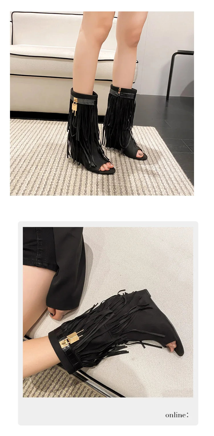 Designer Fringe Wedges Boot Sandals Woman High Heels Open Toe Party Prom Shoes 2025 Sexy Zipper Female Pumps Women Boots