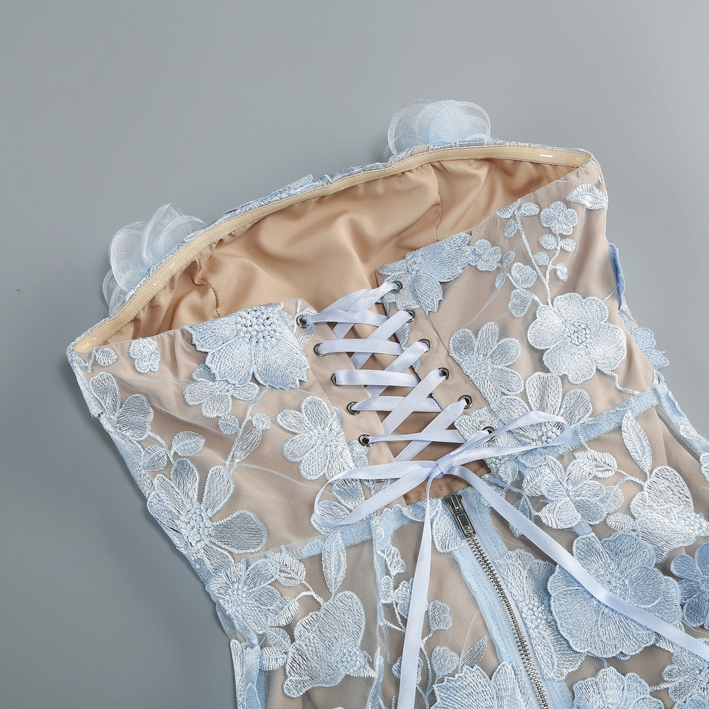 New sexy embroidered flower strapless dress, women's back tie adjustable party dress