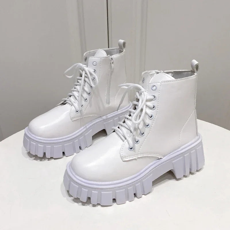 2024 White New Women Ankle Boots  Autumn Winter Platform Zipper Women Punk Boots Thick Sole Lace Up Combat Booties Female Mujer