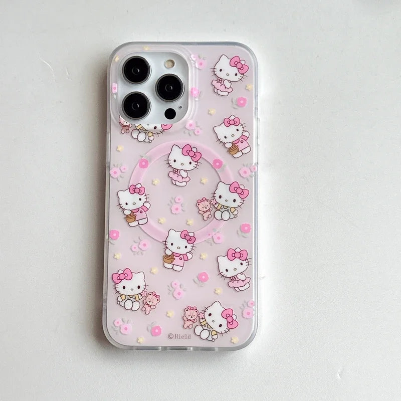 Cute Cartoon Sanrio Hello Kitty Magnetic Holder Magsafe Wireless Charge Phone Case For iPhone 15 14 13 12 11 Pro Max Hard Cover