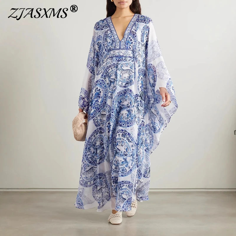 Vintage Printed Batwing Sleeve Robe Dress Woman Elegant V Neck Long Irregular Dress 2025 Spring Tie-up Loose Bohemian Maxi Dress