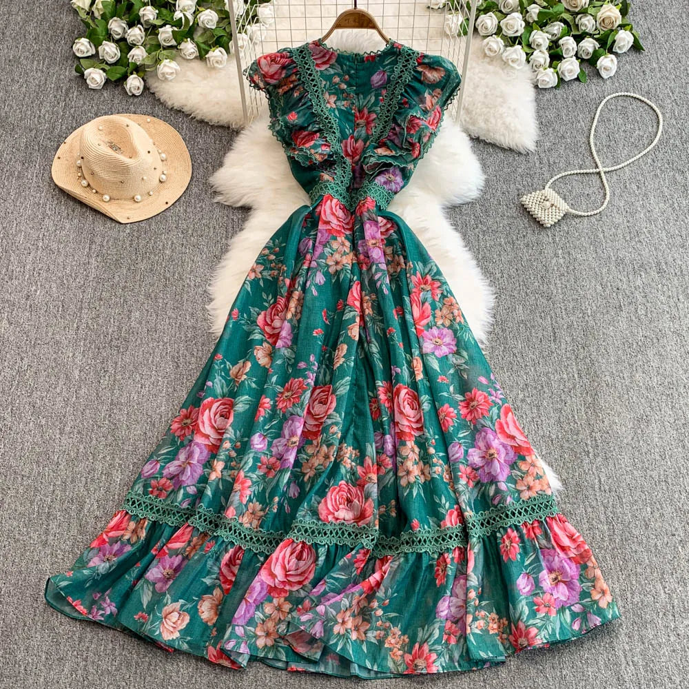 Ele Lace Splice Waist Cinching Long Dr Korean Sle Print Blouse Svel Midi Skirt High Waist A-Line Silhouette