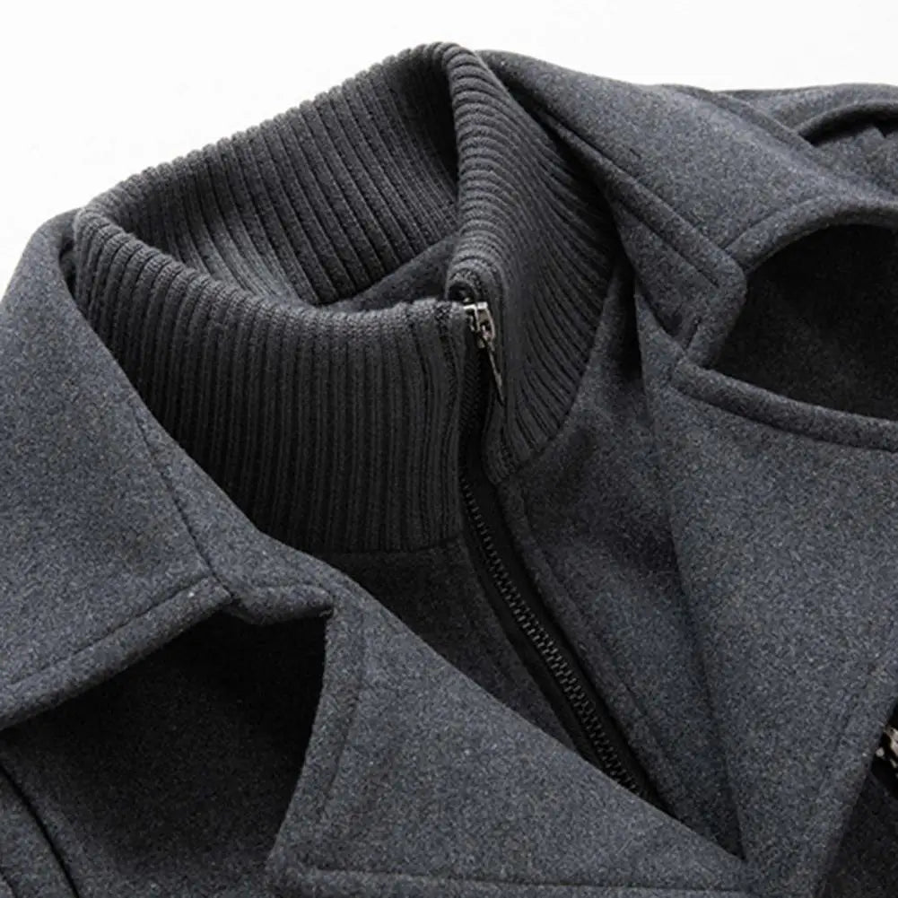 Stylish  Coat Temperament Zipper Buttons Coat Solid Color Autumn Winter Men Jacket for Business