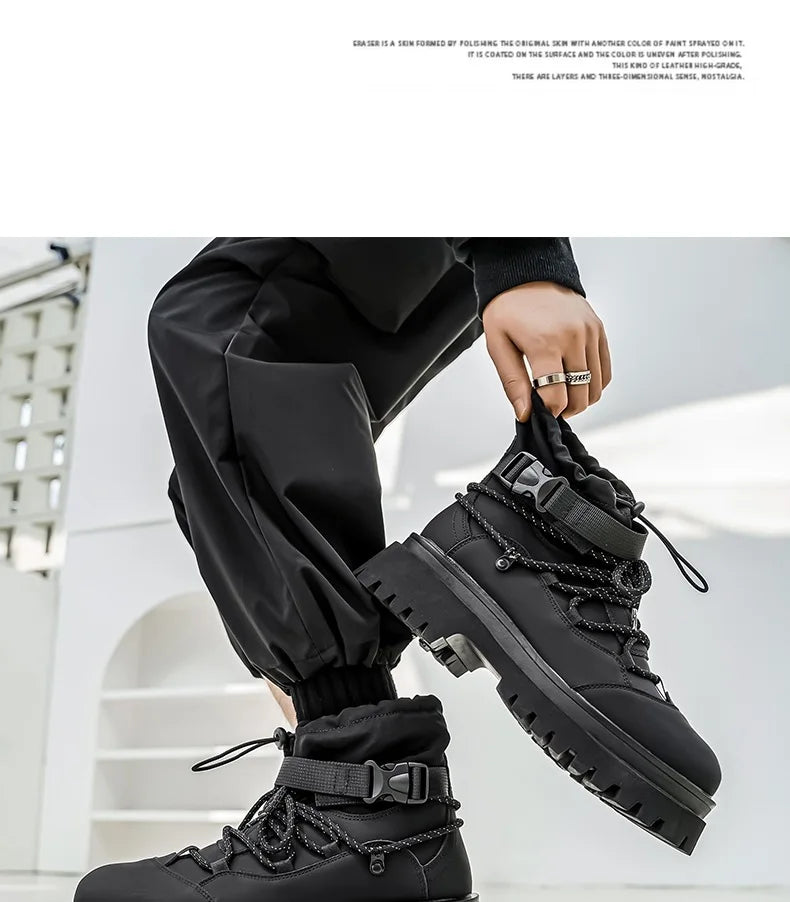 Men Platform Ankle Boots Fashion Personalized Strap Design Shoes Brand High Quality Motorcycle Boots Casual Outdoor Zipper Shoes