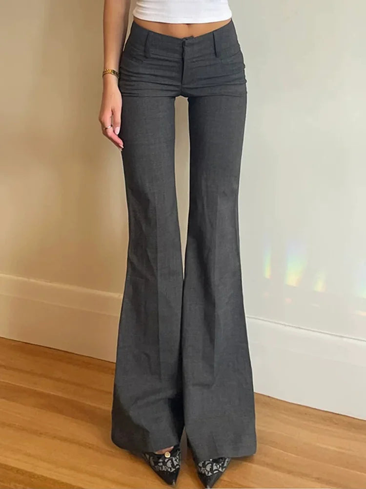 Gray Low Waisted Wide Leg Flare Pants Office Elegant Women's Casual Slim Pantalones Korean Fashion Formal 2025 New Trousers