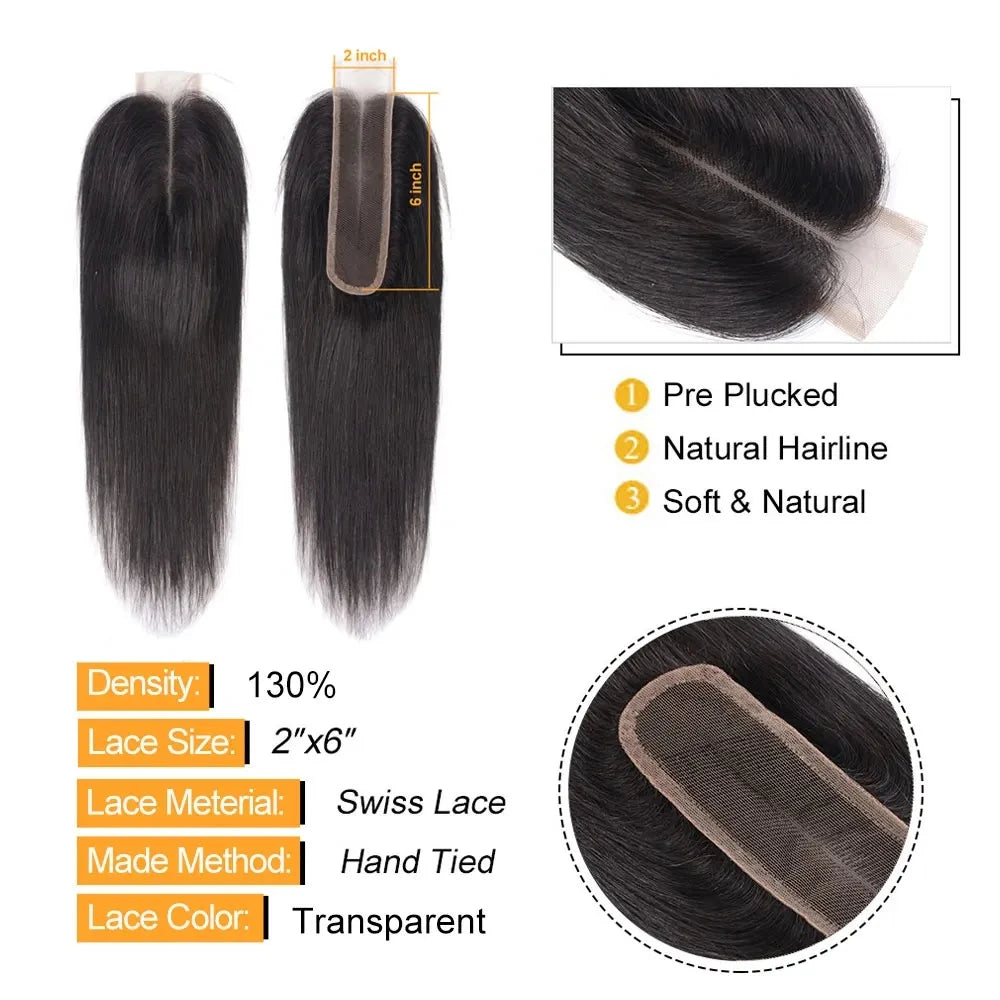 2x6 Lace Closure 100% Human Hair Transparent Lace Frontal For Black Women Brazilian Hair Pre-Plucked Middle Part Lace Closure
