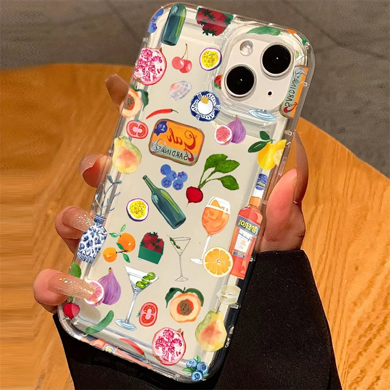 Transparent Fruit Juice Flower Pattern Phone Case For iPhone 17 16 14 11 12 13 15 Pro Max 14 Plus 17 Air Shock-Absorbing Cover
