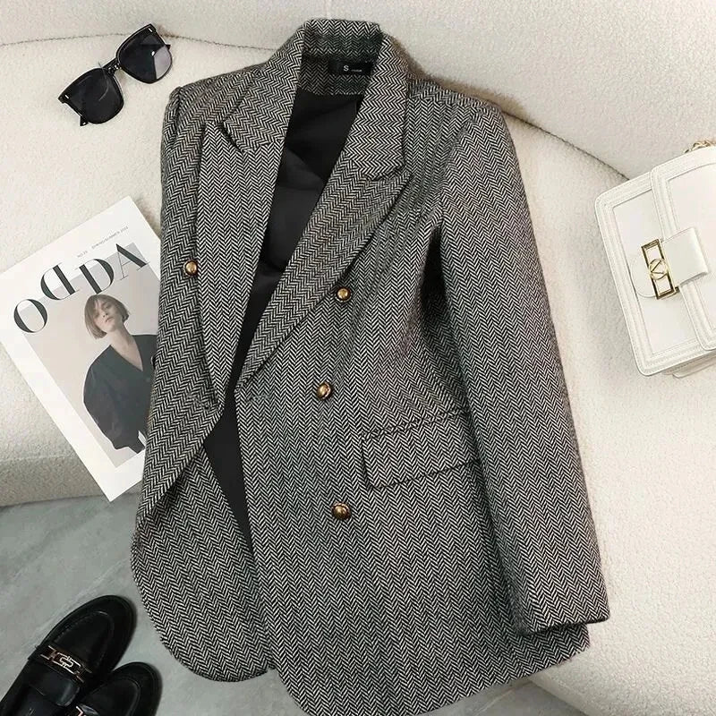 High-Quality Suit Jacket Women 2025 New Autumn Winter Word Pattern Blazer Coat Female Temperament Cool Design Unique Ladies Tops