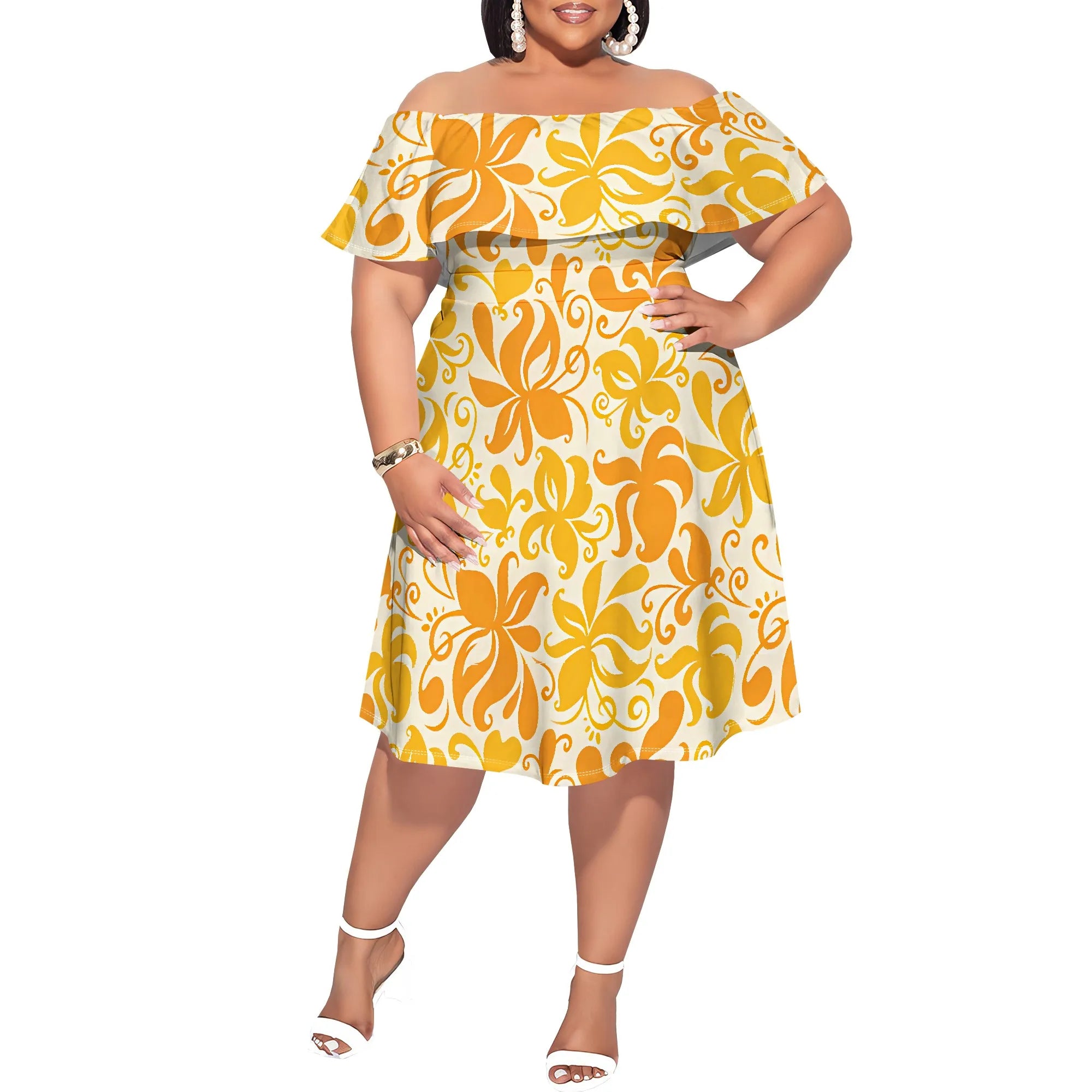Plus Size Off Shoulder Ruffle Hem Dress Summer Yellow Abstract Floral Print Casual Holiday Look