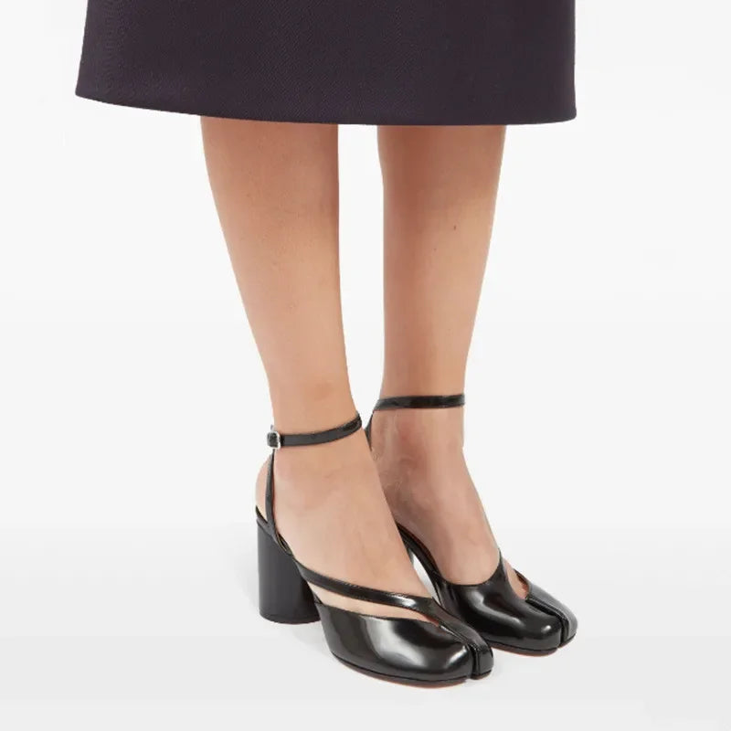 Ins style Fashion Patent Leather Split Toe Women Pumps Spring Summer Thick High heels Slingbacks Female Tabi Chunky Casual Shoes