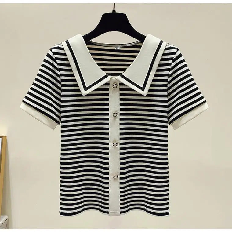 Summer Elegant Loose Polo-neck Knit Pullover Women Fashion Patchwork Button Short Sleeve T-shirt Office Lady Chic Tops 40-100Kg